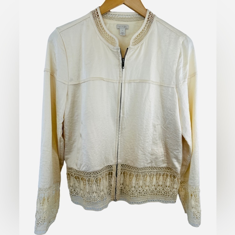 Hinge Silk & Crochet Cream Bomber Jacket - Picture 4 of 11
